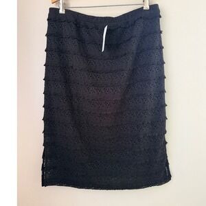 NWT Susan Graver Black Lace Tiered Fringe Midi Skirt Women's Size L Boho Western